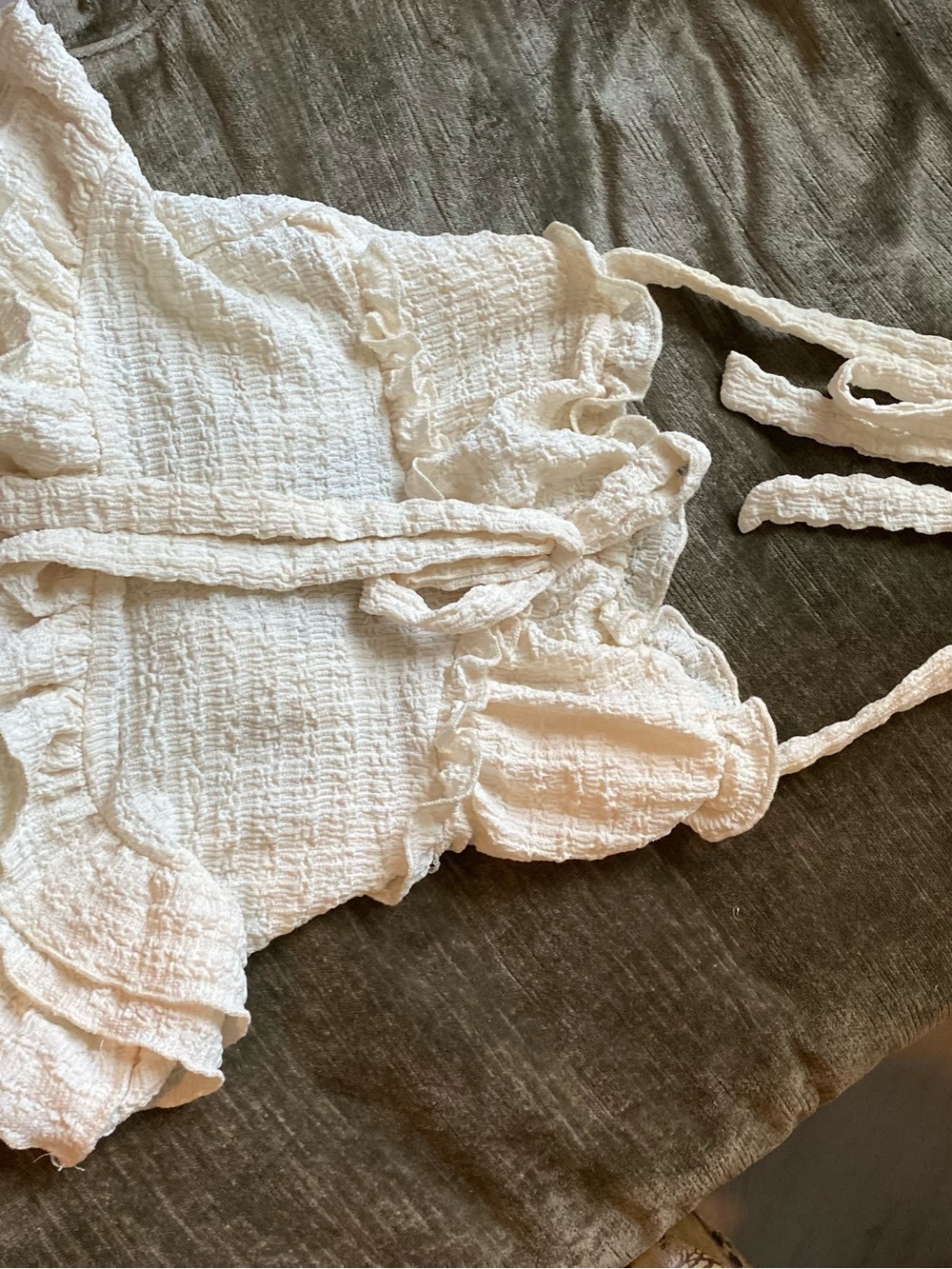 Textured off White Ruffle Tie-Strap Halter Top